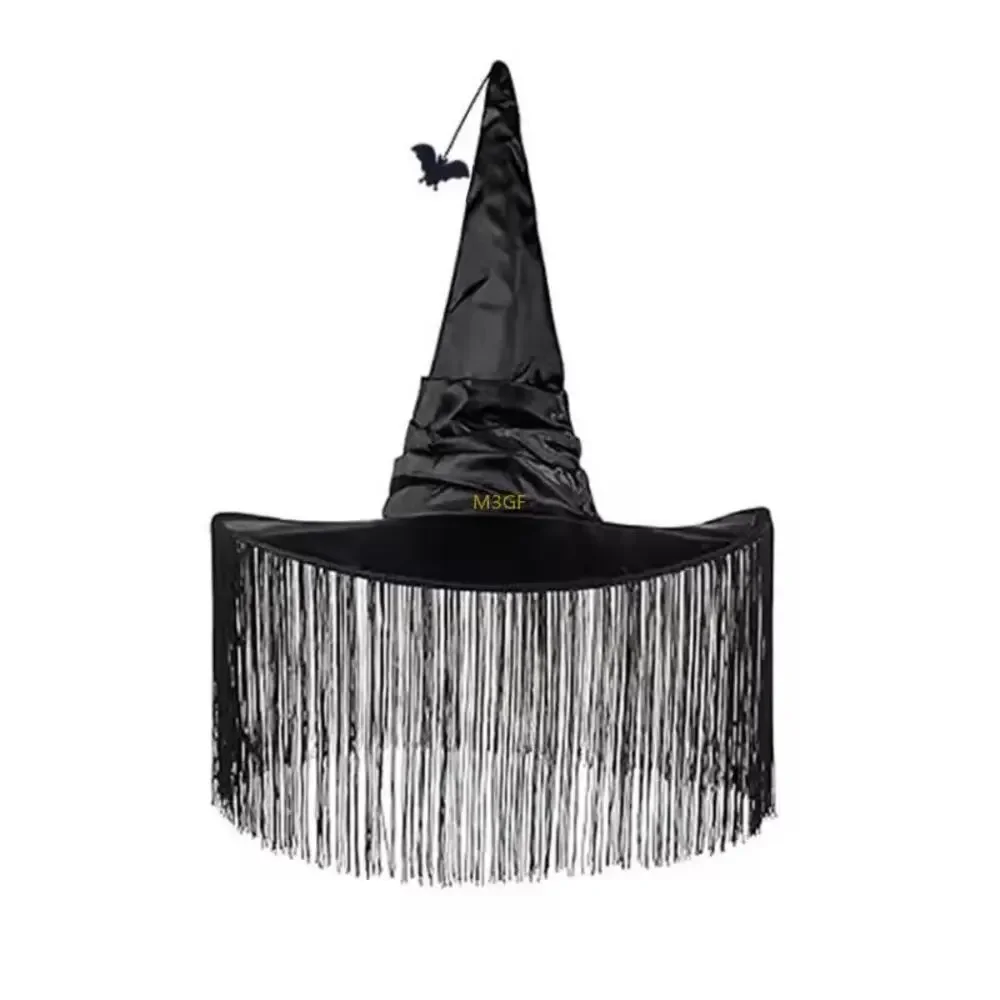 Black Witch Hat with Fringe & Bat Dangle  Halloween Costume Accessory